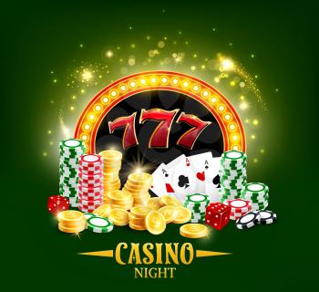 Casino night poster, poker gambling cards and dice. Vector casino jackpot big win golden cash coins, lucky 7 and wheel of fortune roulette token chips, Hold Them and Texas poker sparkling gold