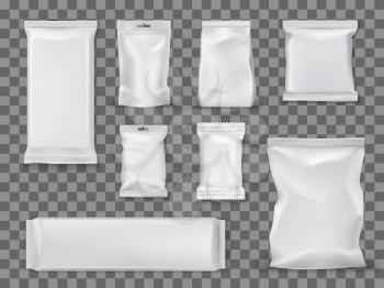 Food and snacks empty vacuum packages isolated on transparent. Vector empty packs, containers mockups to storage food products. White packets, blank sugar sticks and candies cover, disposable packets