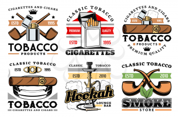 Cigars, cigarettes and premium quality tobacco factory or company labels. Vector icons of smoking pipes store, hookah and shisha lounge bar sign, vintage cigar cutter and lighter with ashtray