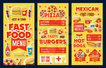 Fast food restaurant burgers, hot dogs and pizza menu. Vector fastfood combo meals menu of cheeseburger, Mexican cuisine tacos and burrito with ketchup, beer or soda drinks, donut dessert and coffee