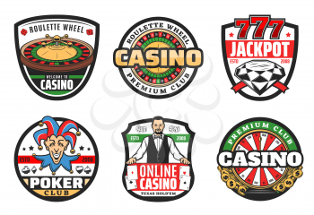 Poker club signs, casino gambling game icons. Vector symbols of casino croupier with gamble cards, wheel of fortune roulette with dice and joker, lucky seven and Texas poker diamond