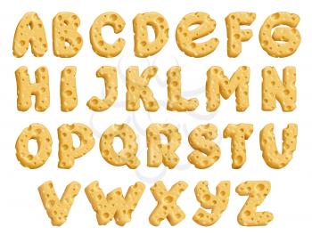 Cheese alphabet font of 3d vector letters with texture of yellow milk food. Swiss, cheddar and holland typeface, maasdam, edam and parmesan dairy snack with holes in shape of capital letters