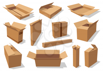 Carton boxes, delivery and transportation packages isolated mockups. Vector cardboard packs, rectangular and square brown box mockups. Open and closed empty paper containers, shipping packs icons
