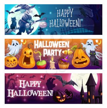 Happy halloween, vector cartoon spooky party symbols. Witch flying on broom over cemetery, bats, cat and moon. Horrible ghosts and pumpkins, caste tower and zombie night, awful feast with dead