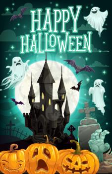 Halloween haunted house with ghosts and pumpkins vector design. Horror castle with october holiday lantern, bats and zombie, cemetery gravestones, full moon and monsters. Halloween trick or treat card