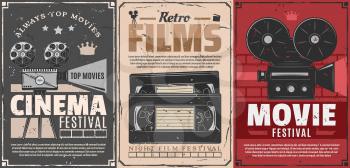 Cinema festival of retro movie vector posters. Film camera, reel and vintage projector, video tape cassettes, clapperboard and film frames. Entertainment and video production themes design