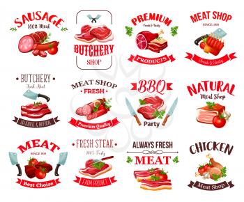 Meat and sausage vector icons of beef steak, pork ham and chicken, salami, bacon and turkey leg, lamb ribs and barbeque frankfurter symbols with spices, herb and knives. Butcher shop, bbq store design