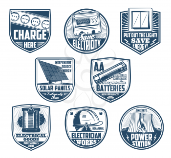 Electricity retro badges of electrical service, save energy and eco clean power vector design. Electrician equipment, electric meter and wire, battery, switch and sockets, solar panel, nuclear plant