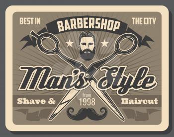 Barbershop, haircut, beard and mustache shaving vector poster. Retro moustache, hipster man head and scissors, vintage ribbon banners and stars. Hairdresser and male beauty salon design