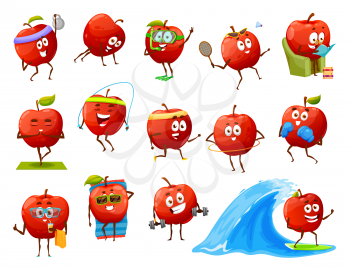 Cartoon apple fruit characters yoga, fitness or sport, travel and leisure recreation and activity. Vector red funny apple workout in gym, tanning on beach, surfing on sea wave, red and drink cocktail