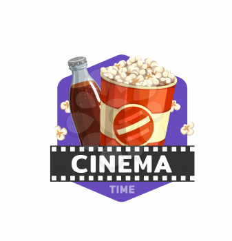 Cinema food icon with movie film, popcorn and drink, vector. Cinema theatre or movie theater fast food bistro or snacks bar sign with popcorn bucket and soda drink bottle