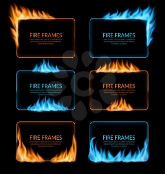 Gas and fire burning flame frames, vector rectangular borders with blue and orange blaze. Realistic burn glowing flame tongues on frame edges. 3d flare, burned holes, isolated blazing borders set