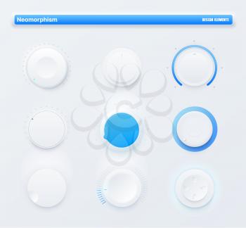 Neomorphic Ui kit mobile app round level buttons. Sound volume control knob, amplifier power vector white dials with blue scales, game controller D-pad. Futuristic design audio controls and switches