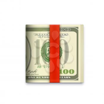 Cash money roll icon, USA dollars paper banknotes in wallet clip, vector. Dollars roll in red ribbon band, US banknotes bundle or pocket stack, salary or earnings in bankroll