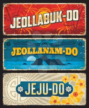 Jeollabuk-do, Jeollanam-do and Jeju Korean provinces tin signs. South Korea regions vintage plates, provinces grunge sins with bamboo stems, seacoast sunset landscape and hibiscus flowers symbols