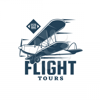 Flight tours vector icon of vintage biplane, retro plane or airplane with propeller and wheels. Air travel, tourism, aircraft and aviation transport isolated symbol, emblem or badge design