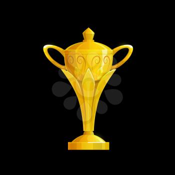 Golden cup vector icon of game interface design. Cartoon gold prize, winner trophy or champion award, victory and first place goblet with handles and lid, game achievement and level completed element