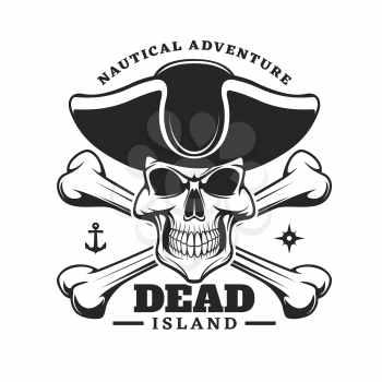 Pirate captain skull and crossed bones icon. Vector emblem with jolly roger in cocked hat. Filibusters skeleton head, anchor and wind rose monochrome isolated vintage label for nautical adventure club