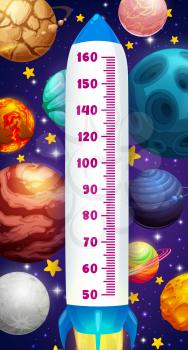 Height chart in space, rocket and planets growth measure for kids. Cartoon vector wall sticker for children height measurement. Shuttle with scale take off in outer cosmos or galaxy with shining stars
