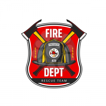 Fire department icon with vector fireman or firefighter helmet and crossed axes, ladder and hook. Firefighting equipment and tools isolated heraldic shield or badge design of fire and rescue service