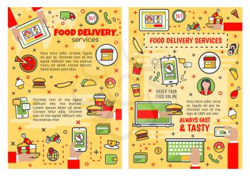 Fast food restaurant menu online order and delivery service thin line vector design. Mobile phone and tablet pc application with burger, pizza and hotdog, coffee, fries and hamburger, donut and soda
