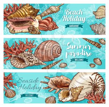 Vector sea and ocean shells and underwater corals on blue water, vacations travel, summer journey adventure and seaside holiday resort. Welcome to paradise, summer beach sketch banners