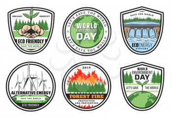 Earth Day, World environment day, nature protection and earth conservation icons. Vector alternative eco energy production by windmill and hydroelectric power station, forest fire prevention