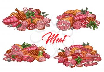Meat food and sausages, butchery shop and farmer market gourmet products vector sketch. Butcher pork, lamb and beef steak, ham and bacon, filet and mutton ribs, salami or pepperoni sausage