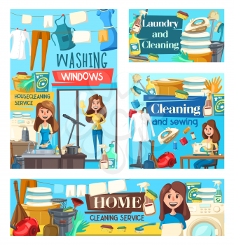 House cleaning service, professional laundry, sewing needlework and windows washing. Vector posters of housewife cleaning tools and items, floor mop, vacuum cleaner, washing and sewing machine