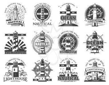 Lighthouse, anchor and ship helm heraldic icons. Vector marine beacon light tower, sailing compass and ship chain badges, ocean waves, seagulls and sunlight at lighthouse