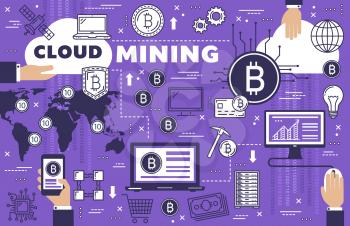 Bitcoin cloud mining, cryptocurrency, blockchain, digital money technology. Vector cryptocurrency server and cloud computer network, bitcoin wallet and online business transaction