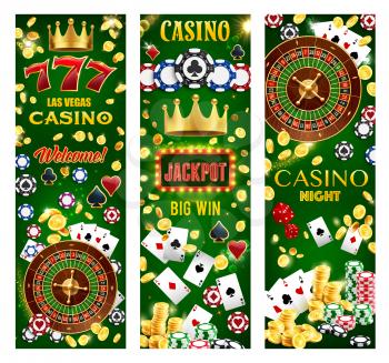 Casino gambling games, wheel of fortune and poker cards, lucky seven jackpot, roulette, dice and token chips, golden coins splash. Retro light bulb signage, joker golden crown, online casino
