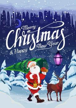 Santa carrying fir in Christmas forest with lantern, reindeer, winter holiday. Vector fairy character and Christmas tree, animal and snowy weather, night woods and lantern