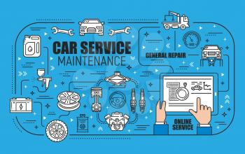 Car maintenance, general repair and online service spare parts. Vector. Vehicle diagnostics, evacuation and motor tuning, tire fitting. Battery charge, spanners and wrench, pumps and paintings