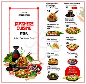 Japanese cuisine menu, asian food. Vector noodles, cashews and vegetables, chavan machi omelet, eel with spices, udon chicken. Salad, onion batun fried with plums, niku jaga, fried eggplant