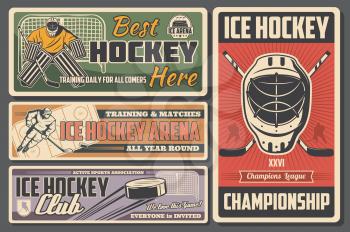 Ice hockey sport retro game equipment and forward player. Vector stick and puck, vintage hockey match, championship or tournament on arena. Sportsman on skates in protective gear, helmet and uniform
