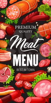 Vector pork and beef, lamb and bacon, meat shop products. Lettuce leaves and salami, gammon, pepperoni burger patty, wurst and frankfurter. Meat and sausages, frame of butchery food and greens