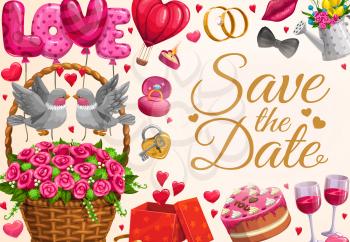 Wedding invitation calligraphy, hearts balloons and kissing birds in flowers wicker. Vector Save the Date party wedding rings, gift ribbons, cake and wine glasses, tuxedo bow tie and kiss lips