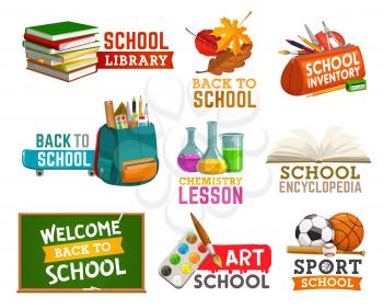 School library and inventory, chemistry lesson and encyclopedia. Vector welcome back to school isolated logos, sport and art items. Piles of books, leaves and pencil case, chalkboard and backpack