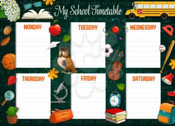 School timetable or schedule of student lessons vector template on blackboard. Weekly plan on empty notebook paper sheets with books, school bus and backpack, microscope, balls and chalkboard