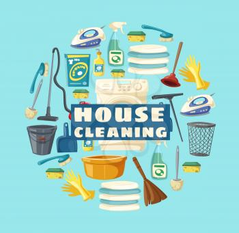 House cleaning service, professional clean home and laundry. Vector housewife cleaning tools and items, floor mop and water bucket, washing machine and vacuum cleaner, duster broom and sponge