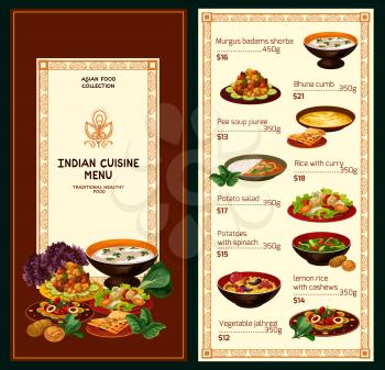 Indian cuisine menu, traditional food and dishes. Vector menu of murgus badams shorba, pea soup puree and rice with curry, potato salad with spinach and lemon rice with cashew