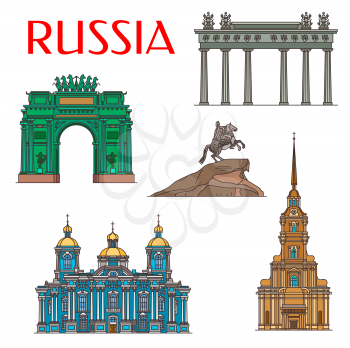 Saint Petersburg travel landmarks, Russia architecture and famous sightseeing symbols. Vector Peter and Paul Cathedral, Narva Triumphal Arch, Moscow Gate and Bronze Horseman monument