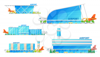 Airport building and airplane on runway, passenger terminal infrastructure icons. Vector isolated icons of airport facade with public transport bus, metro and taxi cars
