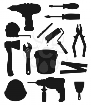Work tools, home repair and house renovation instruments vector silhouettes. Construction drill, ax and putty knife, carpentry hammer, ruler, screwdrivers, spanner wrench, paint and pliers