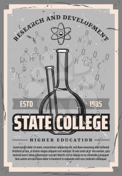 State college, higher education in chemistry and microbiology retro poster. Vector high school study and academic degree education, research and development, chemical flask and formula