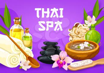 Thai massage, health and beauty spa therapy poster. Vector massage and sauna oil, stones and towels, bamboo sponge, hair and face herbal lotion of exotic flowers, feet skin scrub pumice, bath salt