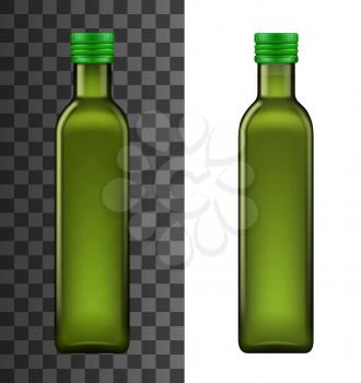 Olive oil glass bottle realistic 3d template mockup. Vector extra virgin olive oil bottle package with metal lid, premium quality Italian, Spanish and Green organic cooking product packaging