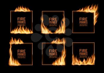 Square frames, fire flames, vector burning borders design. Realistic burn long orange tongues on frame edges. 3d flare graphic elements, burned borders templates set isolated on black background