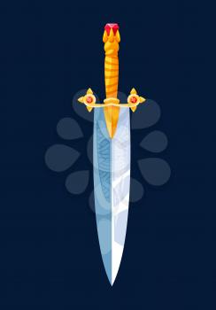 Magical cartoon dagger steel blade with golden hilt, vector Medieval sword. Knight or warrior knife blade, cartoon game weapon icon, magic sword or royal warrior dagger
